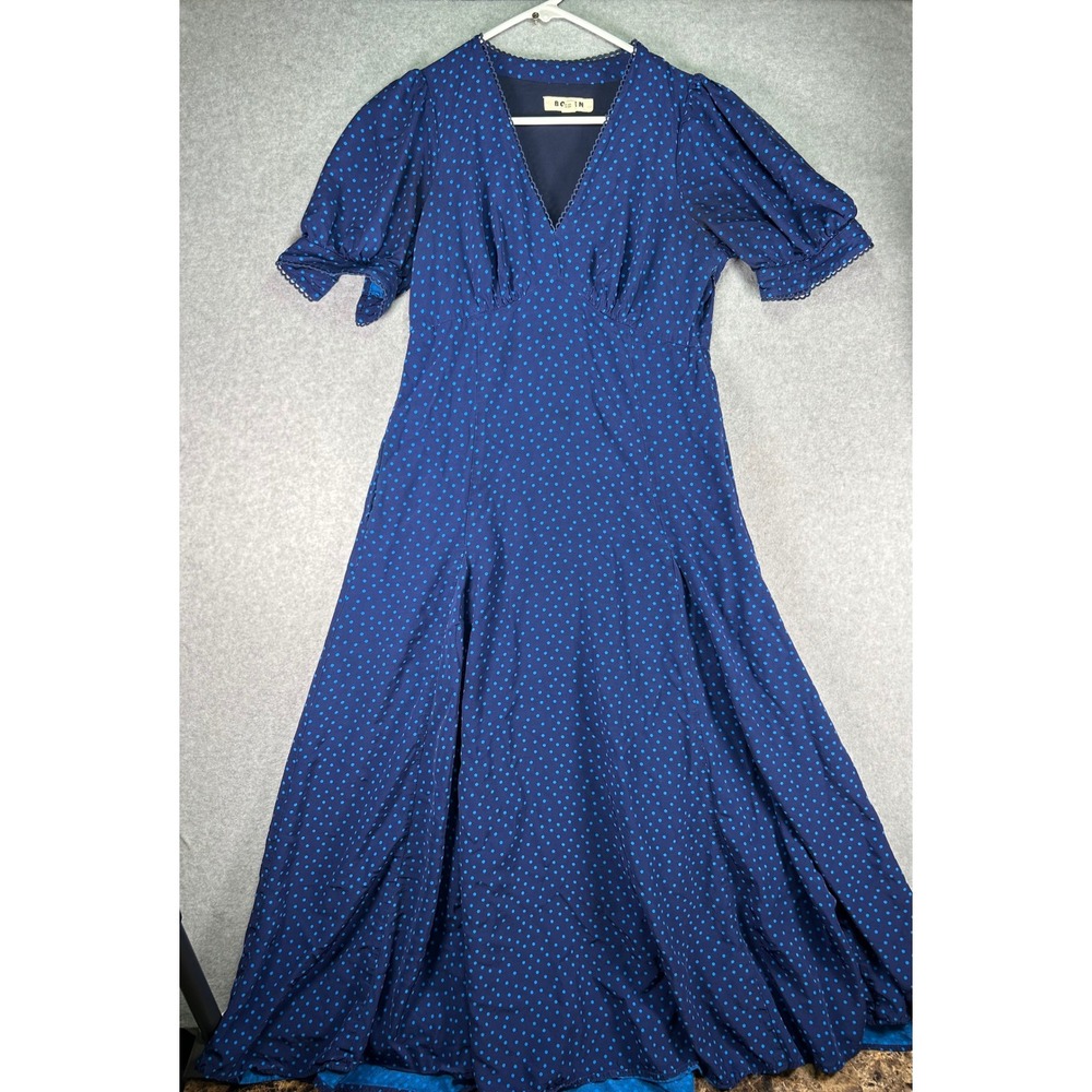 Boden Blue Polka Dot V-Neck Maxi Dress Scallop Lace Trim US 6R UK 10R